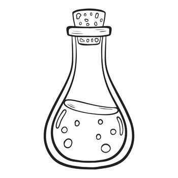 Vector doodle bottle of magic potion. Witchcraft glass bottle. Alchemy elixir in glass flask. Hand drawn illustration of witch poison.
