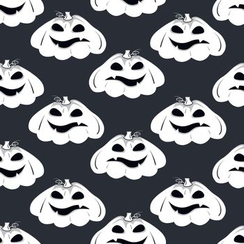 Seamless pattern with white silhouette of a pumpkin face with black eyes for halloween on the dark background