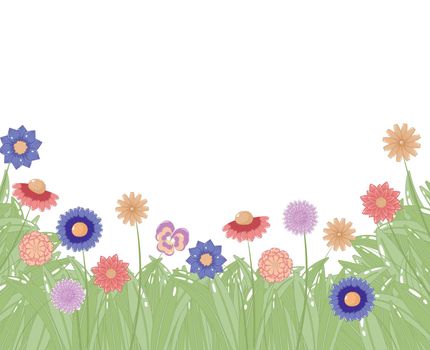 Horizontal border with spring meadow plants and flowers on white background with space for text in pastel colors in flat cartoon style