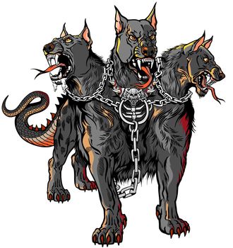 Cerberus hound of Hades with chain on his neck