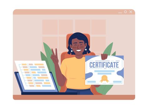 Happy girl holding certificate 2D vector isolated illustration