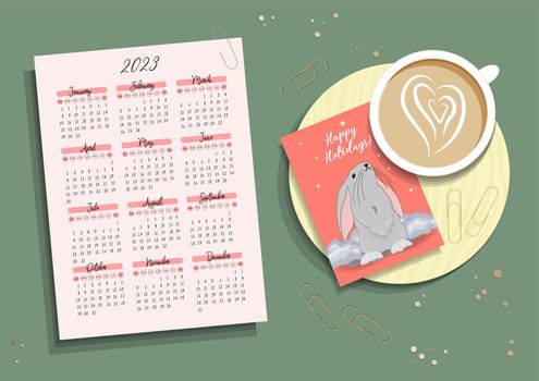 Calendar 2023 with cute rabbits. children's poster. Year of the cat and rabbit. Symbol of 2023. Vector illustration in trendy colors
