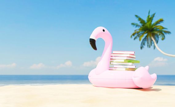 Stack of books placed on inflatable flamingo on sandy seashore