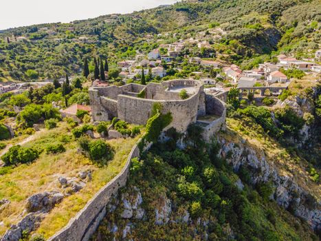 Old city. Sunny view of ruins of citadel in Stari Bar town near Bar city, Montenegro. Drone view