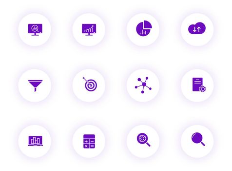data analytics purple color vector icons on buttons
