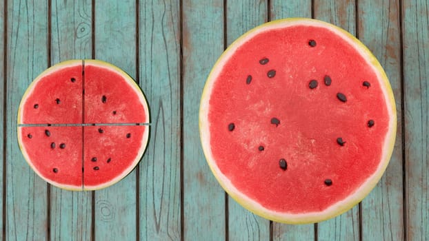 sliced watermelon on a wooden background 3d-rendering