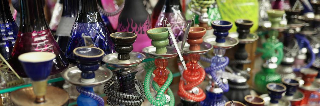 Traditional arabic shisha hookah pipes for sell on street market