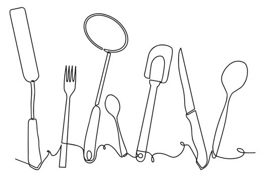 Cutlery background sketch. Single line drawing of isolated kitchen utensils. Culinary design poster. Vector illustration.