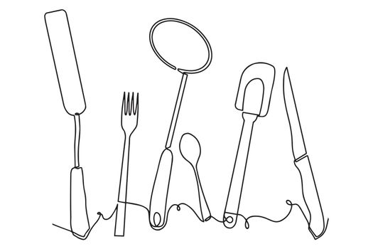 Cutlery background sketch. Single line drawing of isolated kitchen utensils. Culinary design poster. Vector illustration.