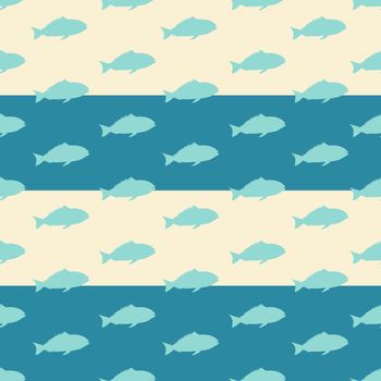 Fish seamless pattern isolated on stripe blue background.