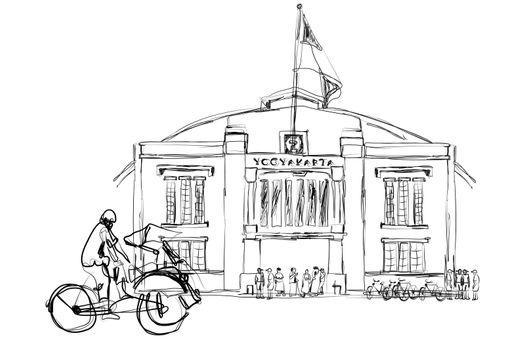 Black and white sketch of Yogyakarta train station. vector illustration