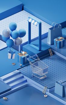 Shopping day activity with cube platform background, 3d rendering.