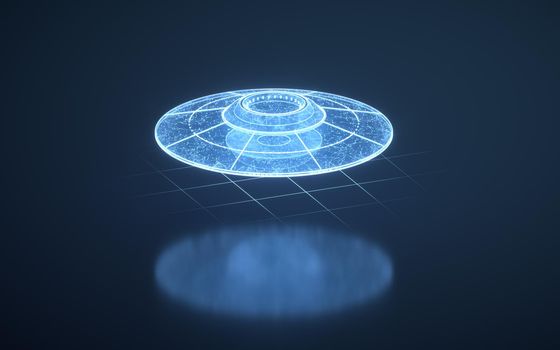 UFO with blue digital lines structure, 3d rendering.