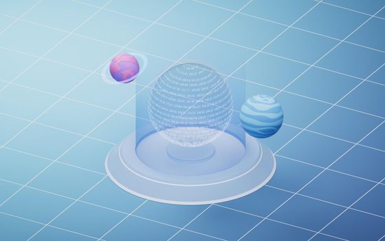 Transparent data sphere with planets, 3d rendering.