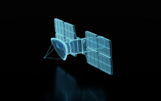 Artificial satellite with hologram figure, 3d rendering.