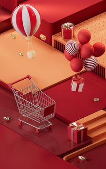 Shopping day activity with cube platform background, 3d rendering.