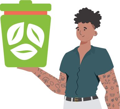 The guy is depicted to the waist and holds an urn in his hands. The concept of recycling and zero waste. Isolated. Trendy character style. Vetcor.