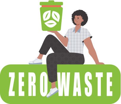 The guy sits and holds a trash can in his hand. The concept of ecology and recycling. Isolated. Vector illustration.