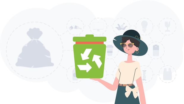 The concept of recycling and zero waste. The girl is holding an urn in her hands. Vector illustration Flat trendy style.