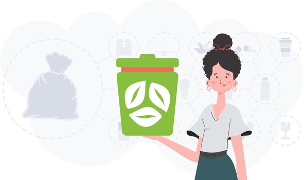 The concept of ecology and recycling. A woman holds a trash can in her hands. Vector illustration Flat trendy style.