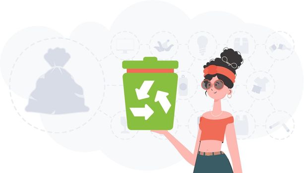 The concept of recycling and zero waste. The girl is holding a trash can in her hands. Trendy character style. Vetcor.