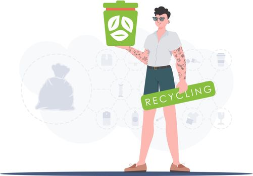 The concept of recycling and zero waste. A man holds an urn in his hands. Trendy character style. Vetcor.
