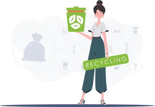 The concept of recycling and zero waste. A woman holds an urn in her hands. Vector illustration Flat trendy style.