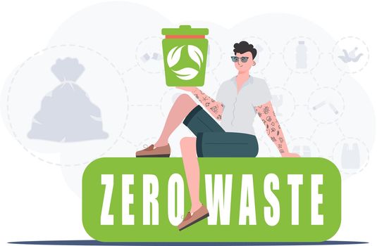 A man sits and holds an urn in his hands. The concept of recycling and zero waste. Trendy character style. Vetcor.