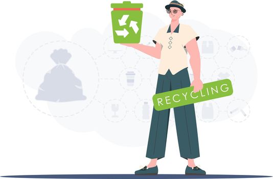 The concept of recycling and zero waste. Stylish man holding an urn in his hands. Trendy character style. Vetcor.