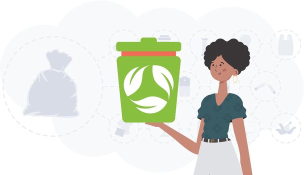 The concept of ecology and recycling. The girl is holding a trash can in her hands. Trendy character style. Vetcor.