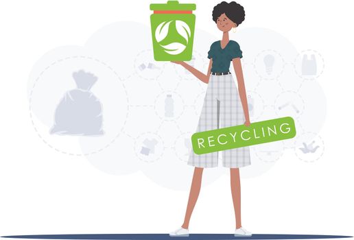 The concept of recycling and zero waste. The girl is holding an urn in her hands. Trendy character style. Vetcor.