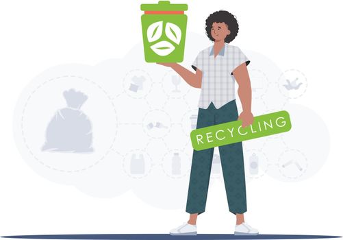 The concept of recycling and zero waste. A man holds a trash can in his hands. Trendy character style. Vetcor.