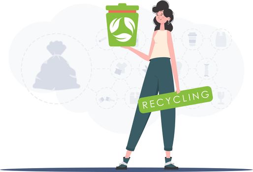 The concept of ecology and recycling. The girl is holding a trash can in her hands. Trendy character style. Vetcor.