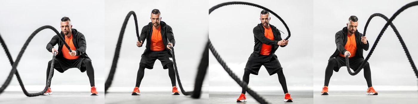 Collage. Battle rope workout for fat burning. Athletic man doing sports exercises. Collage for posting on a social network on the theme of fitness.