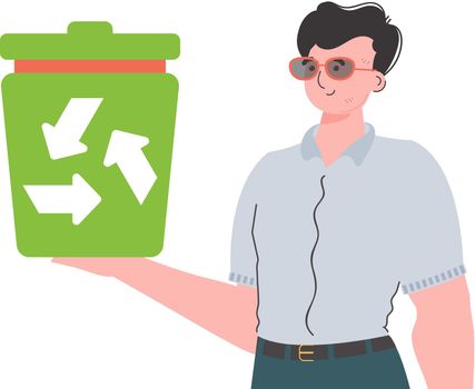 The guy is depicted to the waist and holds a trash can in his hand. The concept of ecology and recycling. Isolated. Trendy character style. Vetcor.