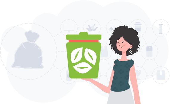 The concept of ecology and recycling. A woman holds a trash can in her hands. Trendy character style. Vetcor.