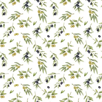 Seamless pattern with Olive branches watercolor drawing. Hand drawn illustration with olive leaves isolated on white. Food of mediterranean cuisine