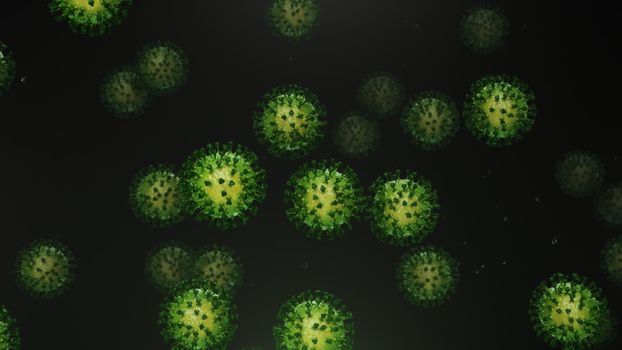 3d rendering flying green coronavirus with particles