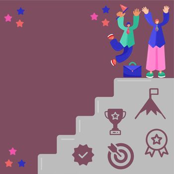 Teamworkers Celebrating Success On Top Of Staircase. Happy Colleagues Climbing To Achievement. Jumping Businessmans Honoring Accomplishment. Two Partners Achieving Progress.