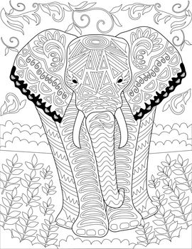 Coloring Book Page With Big Detailed Elephant Walking Forward On Grass. Sheet To Be Colored With Huge Wild Animal Going Ahead. Massive Creature With Details.