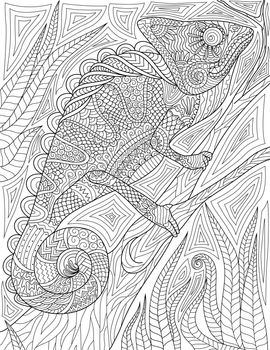Coloring Book Page With Iguana Climbing On Tree With Detailed Background. Sheet To Be Colored With Lizard Crawling On Wood. Chameleon Going Up On Timber.