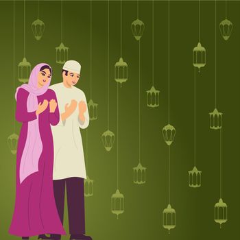 Man And Woman In Traditional Clothes Praying With Hands For Ramadan Mubarak. Family In Conventional Clothing Celebrating Holiday. Spouses Honoring God.