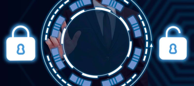 Businessman Pointing To Lock And Unlock S In A Glowing Futuristic Frame. Man In A Suit Showing A Secured Network With Encrypted Information In A Meeting.
