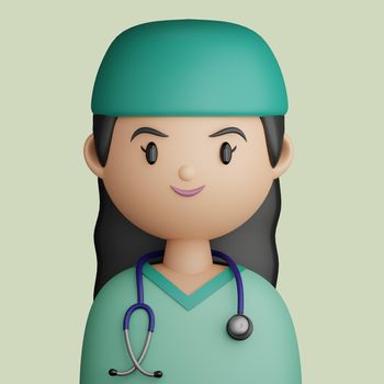 3D cartoon avatar of pretty, smiling woman doctor