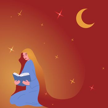 Woman Reading Holy Book Sitting On Knees With Moon And Start In Background. Female In Traditional Clothes Looking At Handbook. Girl With Hijab Praying.