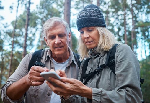 How do we get there. a mature couple using a cellphone while out on a hike together.