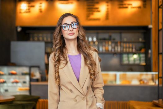 Business Woman Restaurant Owner Dressed Elegant Pantsuit Standing In Restaurant With Bar Counter Background