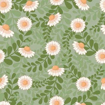 Seamless botanical ornament pattern with autumn daisies in pastel colors isolated on background with green foliage in flat cartoon style