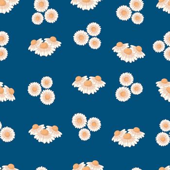 Seamless botanical ornament pattern with autumn daisy buds in pastel colors isolated on dark blue background in flat cartoon style