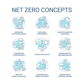 Net zero turquoise concept icons set